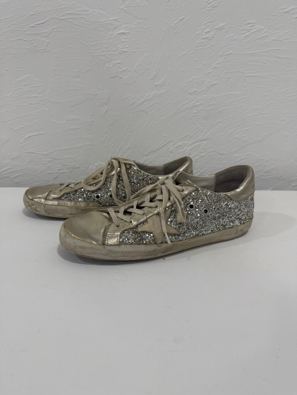 Golden Goose Silver Glitter Suede Superstar Lace Up Sneakers Size 42